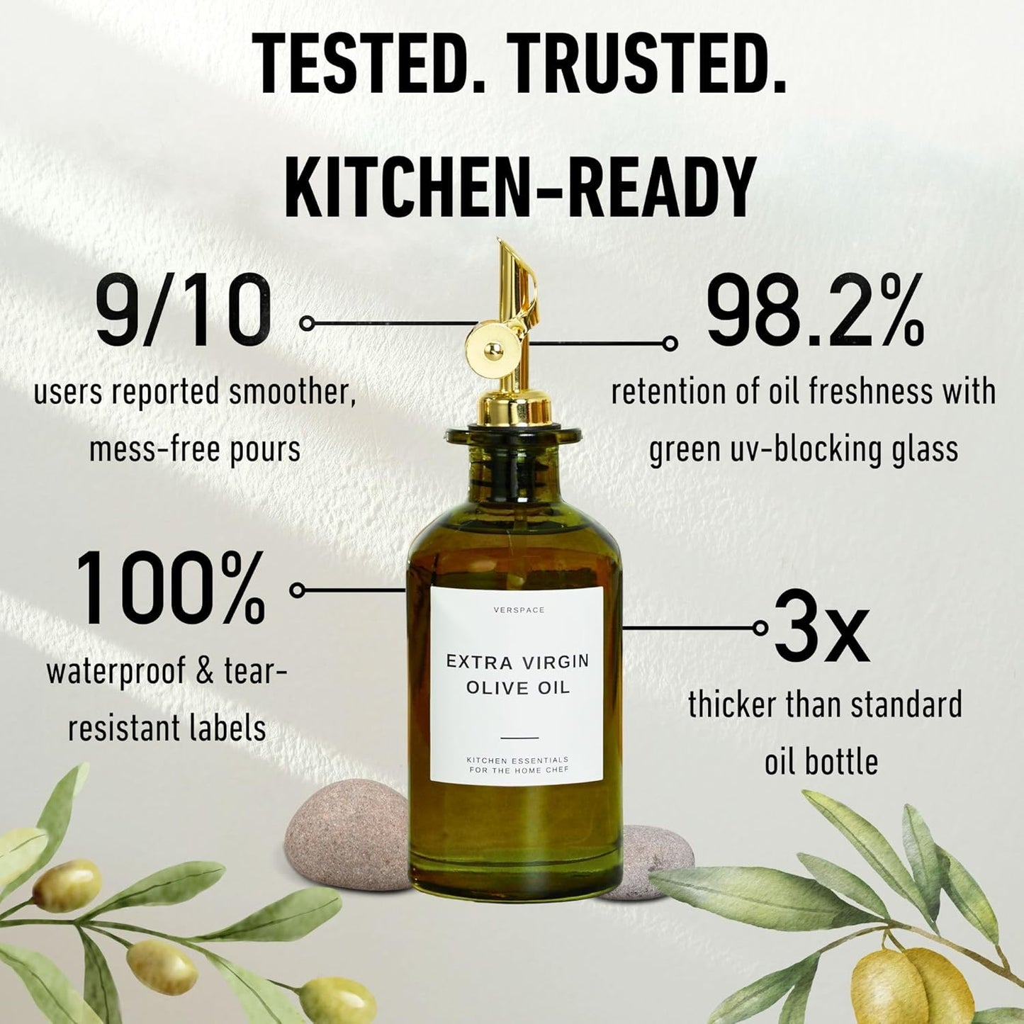 Green Glass Olive Oil Dispenser Bottle For Kitchen By Verpsace,Avocado Oil Dispenser Set, Modern Decor, Gold Kitchen Accessories for Home, Airbnb, Cafe (Gold, Set of 2)