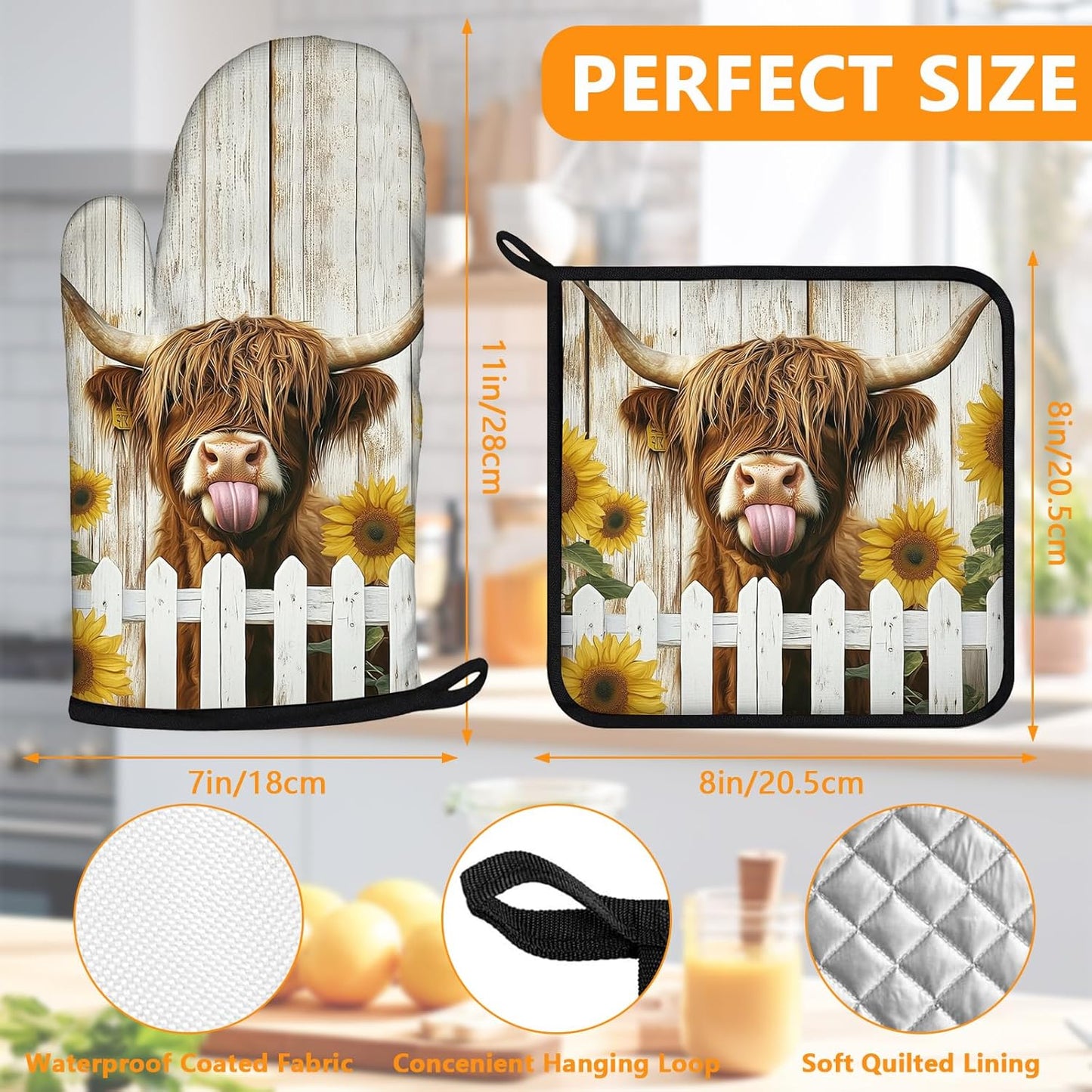 Sunflower Highland Cow Oven Mitts and Pot Holders Sets 4Pcs,Extra Long Oven Gloves Potholder for Kitchen Cooking Baking BBQ 100% Cotton Heat Resistant