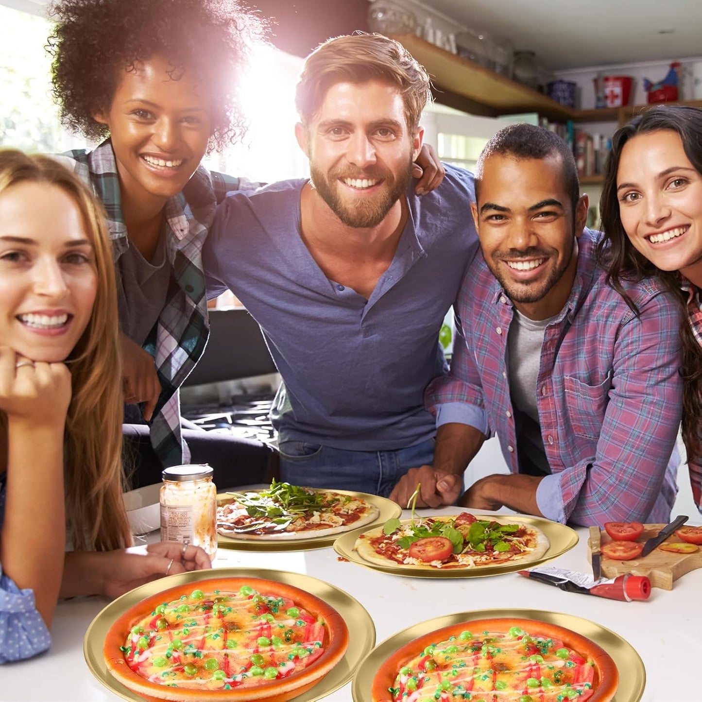 Thenshop 8 Pieces 8 Inch Pizza Pans Bulk Stainless Steel Sets Round Bakeware Pizza Trays for Oven Kitchen Baking Home Restaurant Safe Sturdy Reusable Easy Clean(Gold)