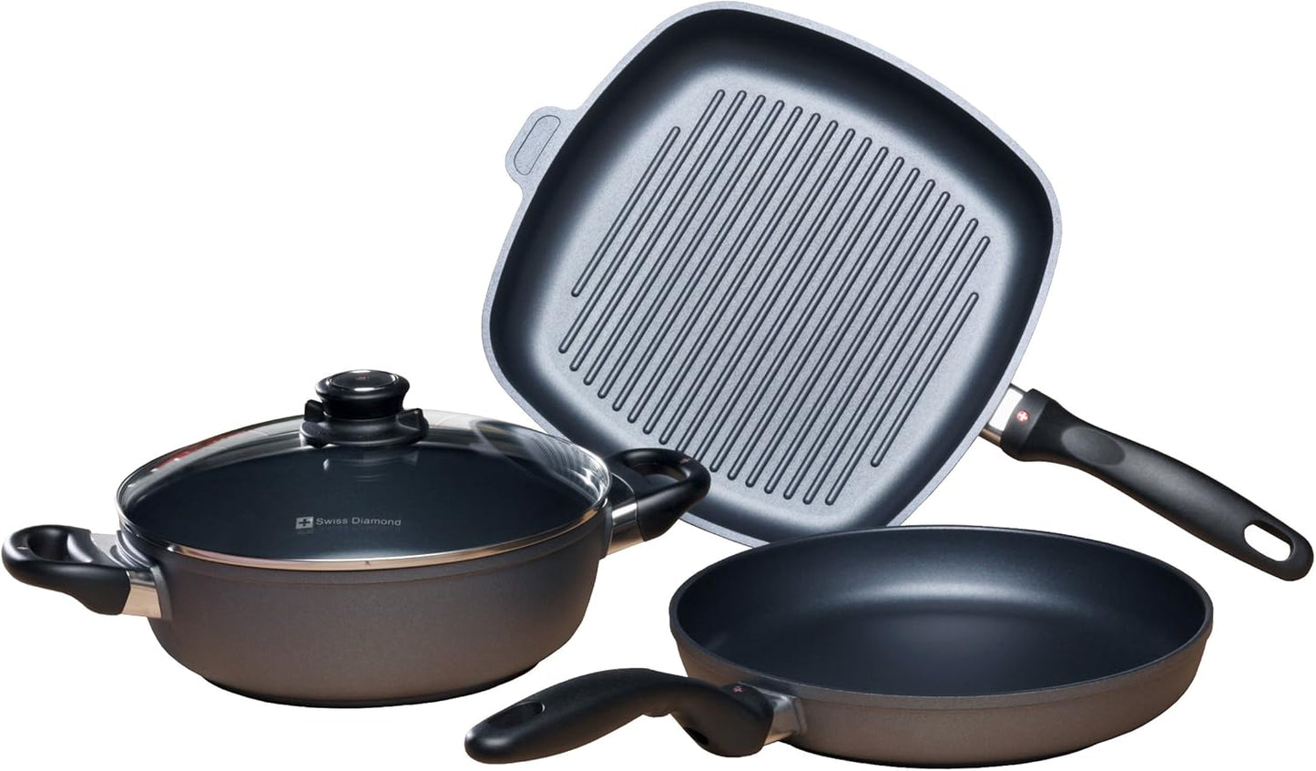 Swiss Diamond 4-Piece Set Nonstick Diamond Coated Aluminum W/Lid Casserole Pan & Grill Fry Pan, Dishwasher/Oven Safe Grey