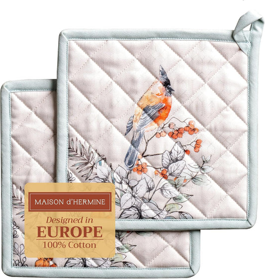 Maison d' Hermine Pot Holders Set 100% Cotton Heat Resistant Potholders 8" x 8" Hot Pads with Loop BBQ, Cooking, Baking, Grilling, Kitchen, Handling Hot Pans (Pack of 2, Whitish Shabby Chique)