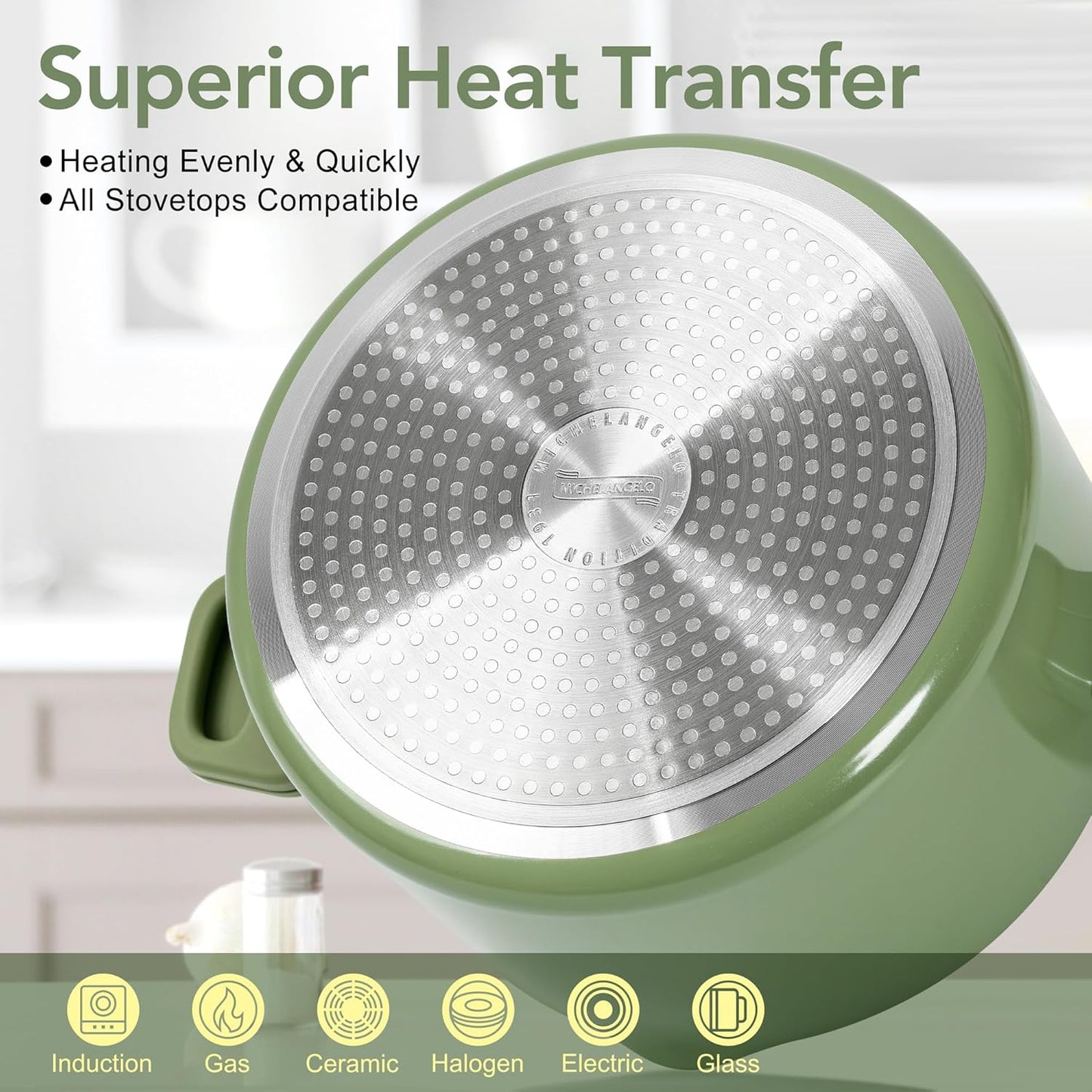 MICHELANGELO Pasta Pot with Strainer Lid - 6 Quart Cooking Pot with Lid, Non Stick Spaghetti Pot Ceramic Coated with Twist and Lock Handles for Easy Draining, Induction Compatible, Roden Green