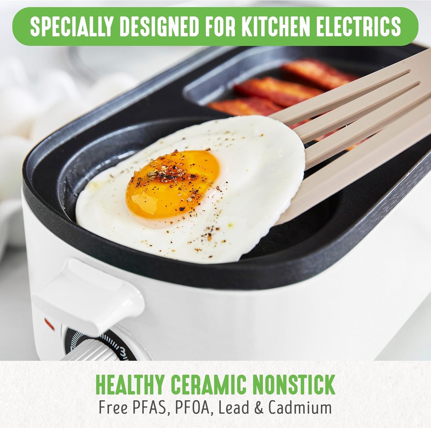 GreenLife 3-in-1 Breakfast Maker Station, Healthy Ceramic Nonstick Dual Griddles for Eggs Meat Sausage Bacon Pancakes and Breakfast Sandwiches, 2 Slice Toast Drawer, Easy-to-use Timer, White