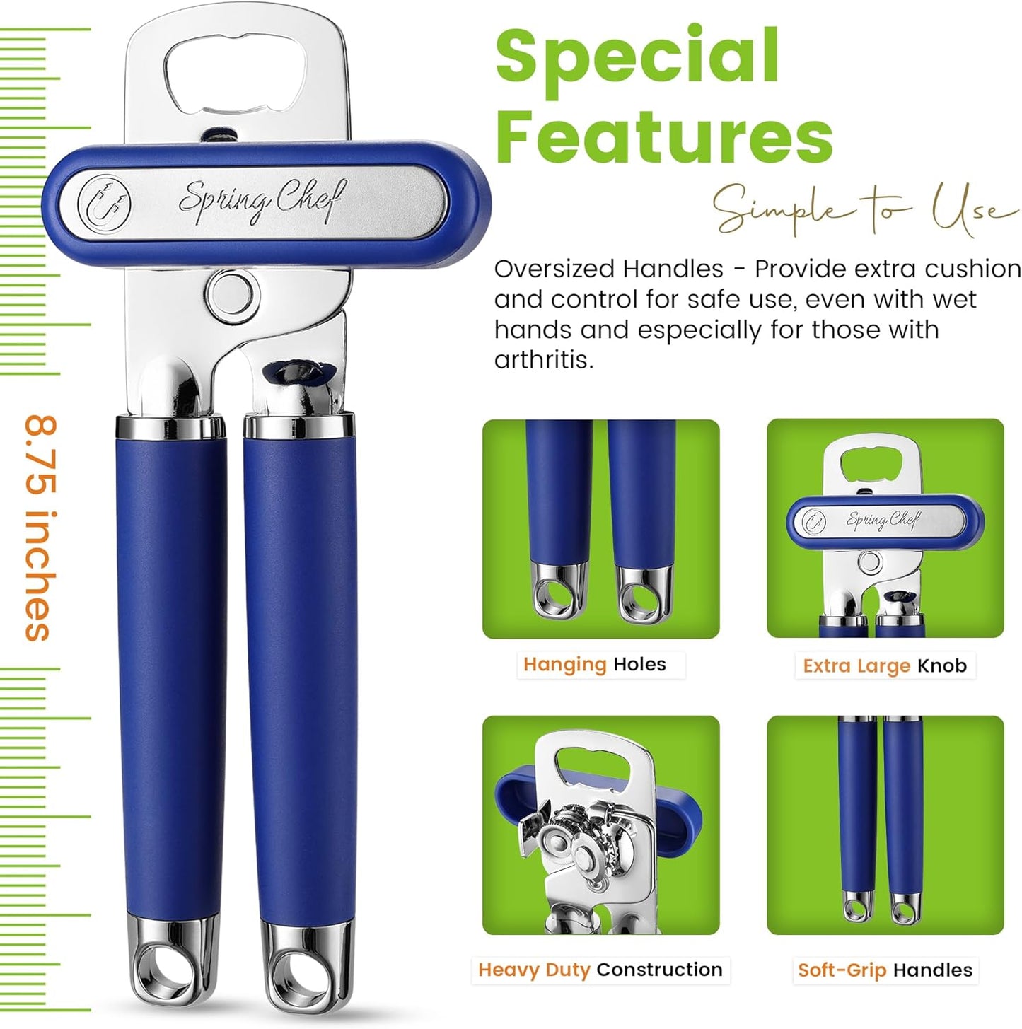 Spring Chef Stainless Steel Can Opener - Manual with Soft Grip Handles, Easy Turn, Heavy Duty Hand Can Openers for Seniors with Smooth Edge - Magnetic Lid Remover - Sapphire