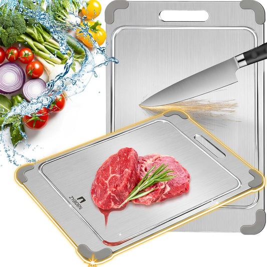 100% Pure Titanium Cutting Board with Grooves, Update Double Side Titanium Chopping Board, Silicone Anti-slip Stainless Cutting Boards for Kitchen 9 * 13 IN, Grey