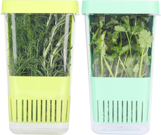 2 Pack Fresh Herb Keeper for Refrigerator, Clear BPA-Free Herb Saver, Storage Container for Cilantro, Parsley, Thyme, Mint & Asparagus, Preserver Keeps Fresh Herbs for 3 Times Longer