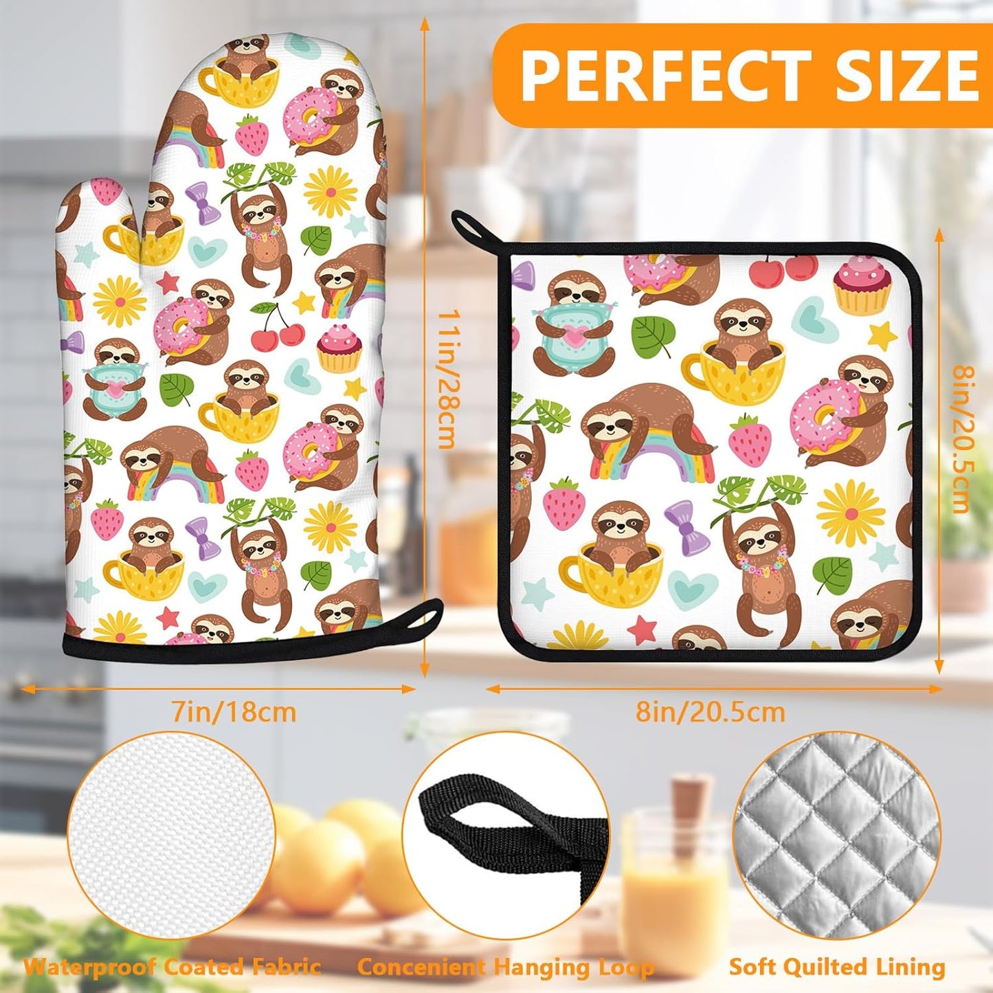 Cute Sloth Oven Mitts and Pot Holders Sets 4Pcs,Extra Long Oven Gloves Potholder for Kitchen Cooking Baking BBQ 100% Cotton Heat Resistant