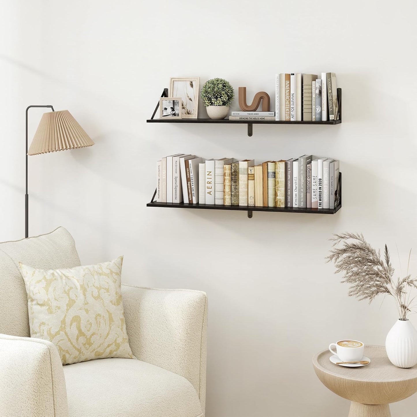 Heimlove Black Deep Floating Shelves for Wall, 32W x 8D Wood Wall Shelves Set of 2, Wide Floating Bookshelf for Living Room, Kitchen, Office, Bedroom and Decor Storage, with Metal Bracket - Black