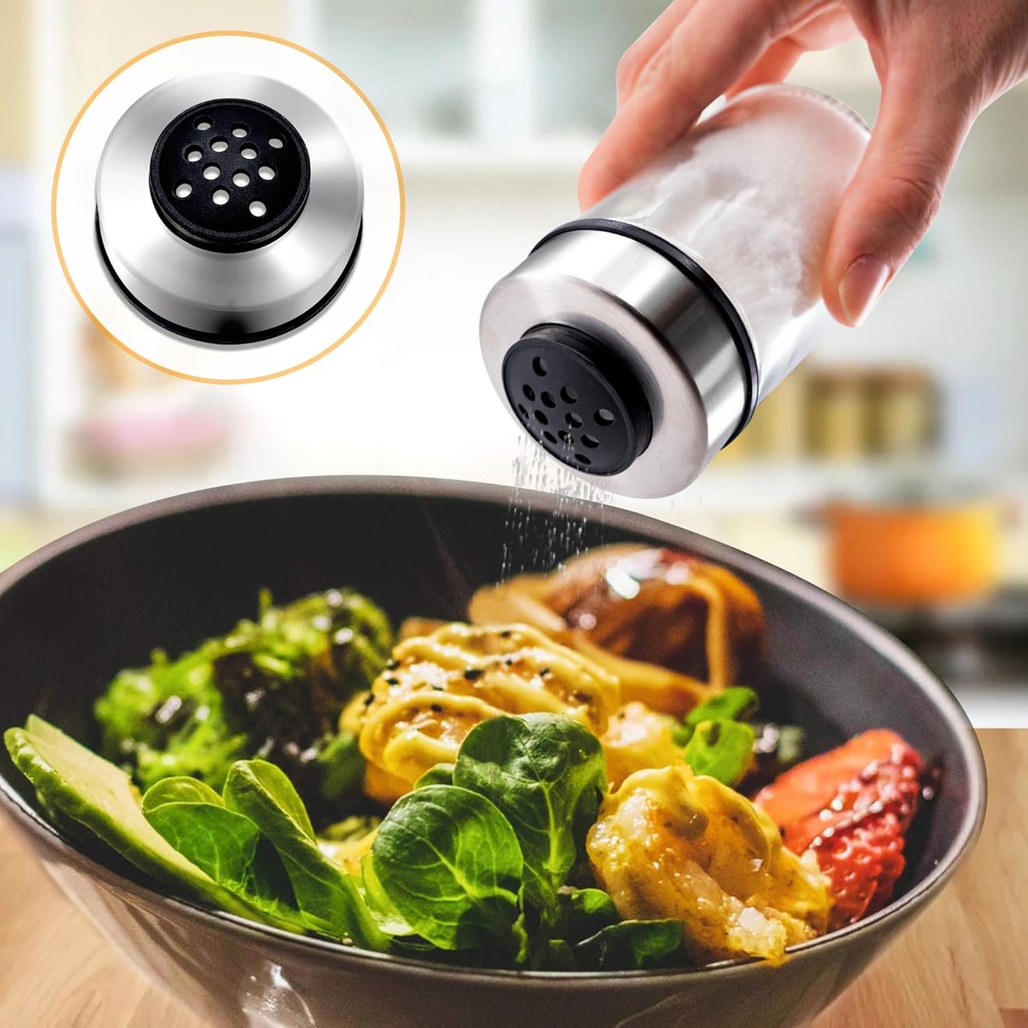 Mlici Oil and Vinegar Dispenser Set of 6 Bottles, Stainless Steel Salt Pepper Holder with 360° Rotating Holder, Cruet Soy Sauce - Premium Glass Condiment for Kitchen, Tabletop, Kitchen Containers