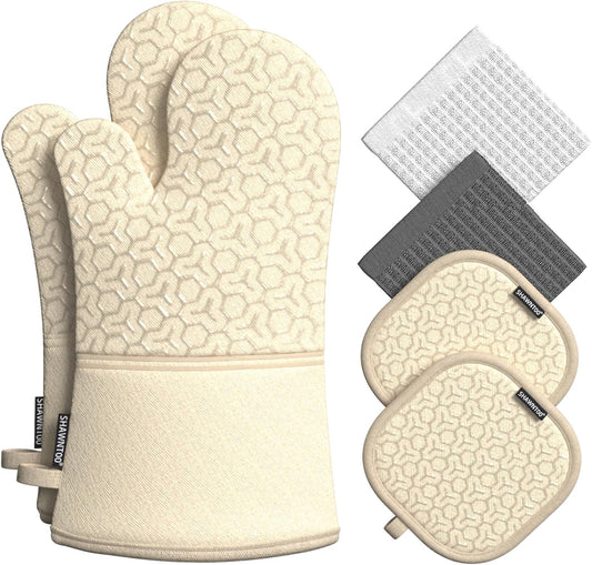 Oven Mitts and Pot Holders Sets 6pcs, Kitchen Oven Glove,High Heat Resistant 550 Degree Extra Long Oven Mitts and Potholders with Non-Slip Silicone Surface for Home Essentials (Grey) (Khaki)