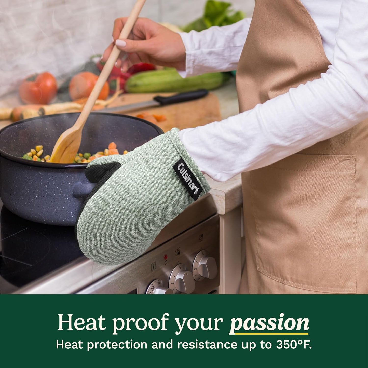 Cuisinart Mini Oven Mitts – 5.5” x 7” Heat-Resistant Kitchen Mitts for Oven with Non-Slip Neoprene Palm, Cotton Filling, and Fabric Loop – Durable Oven Mitt Set for Cooking & Baking (Sage)