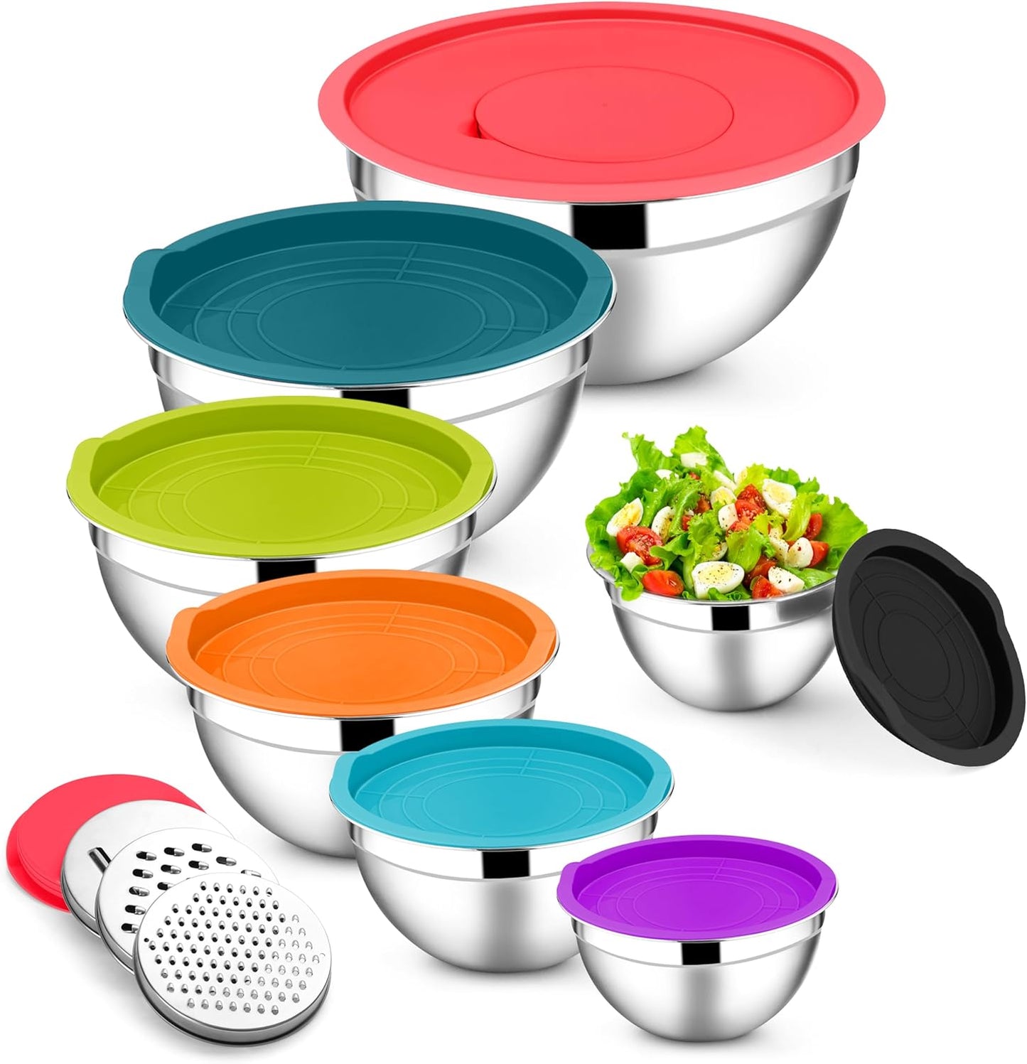 E-far Mixing Bowls with Lids Set, 7-Piece Stainless Steel Mixing Bowls with 3 Grater Attachments, Size 4.6, 3.5, 2.6, 2, 1.5, 1, 0.7QT, Nesting Design & Colorful Airtight Lid, For Baking/Prepping