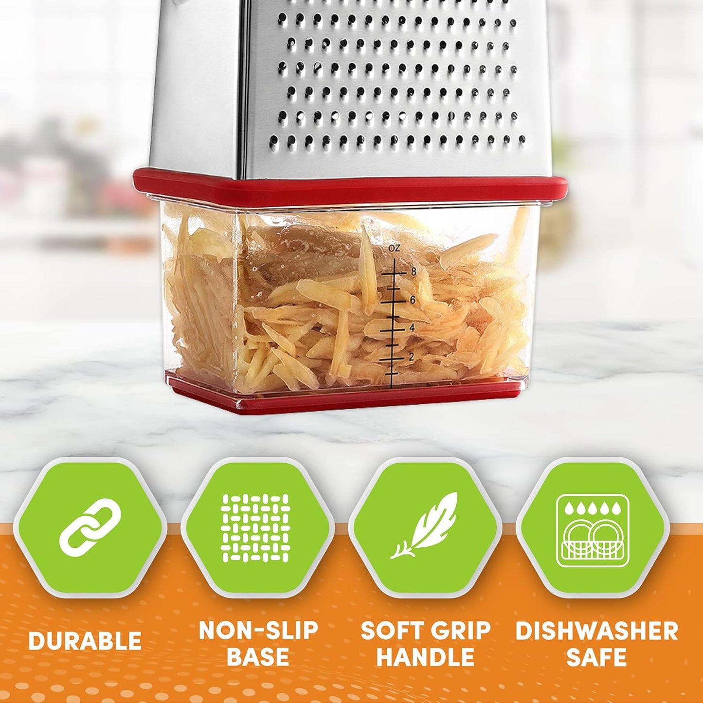Spring Chef Professional Red 10" Parmesan Cheese Grater With Container, Stainless Steel & Soft Grip Handle, 4 Sided Kitchen Carrot Shredder, Handheld Box Grater for Potato, Veggie, Ginger, Hashbrown