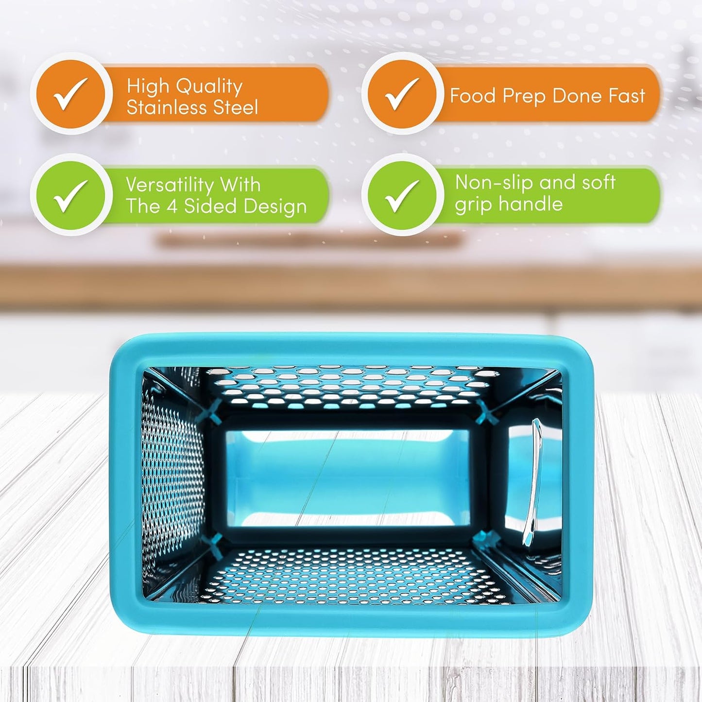 Spring Chef Professional 10" Parmesan Cheese Grater With Container, Stainless Steel & Soft Grip Handle, 4 Sided Kitchen Cheese Shredder Handheld Box Grater for Vegetables, Carrot, Ginger - Aqua Sky