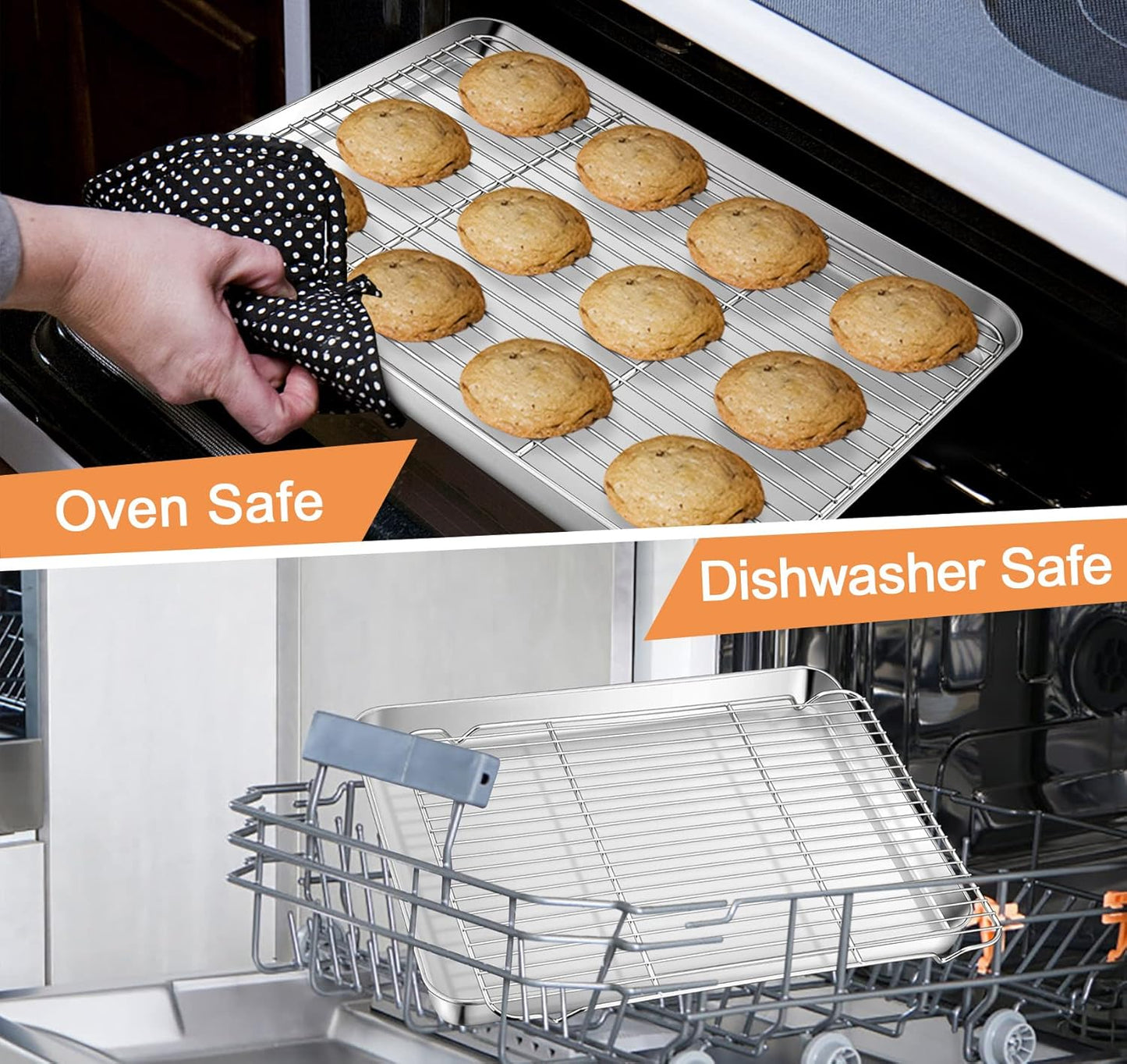TeamFar Baking Sheet with Rack, 17.6 x 13 x 1 inch Stainless Steel Baking Pan Cookie Sheet Set with Cooling Rack for Baking/Roasting/Cooling, Non-Toxic & Heavy Duty, Dishwasher Safe - Set of 4