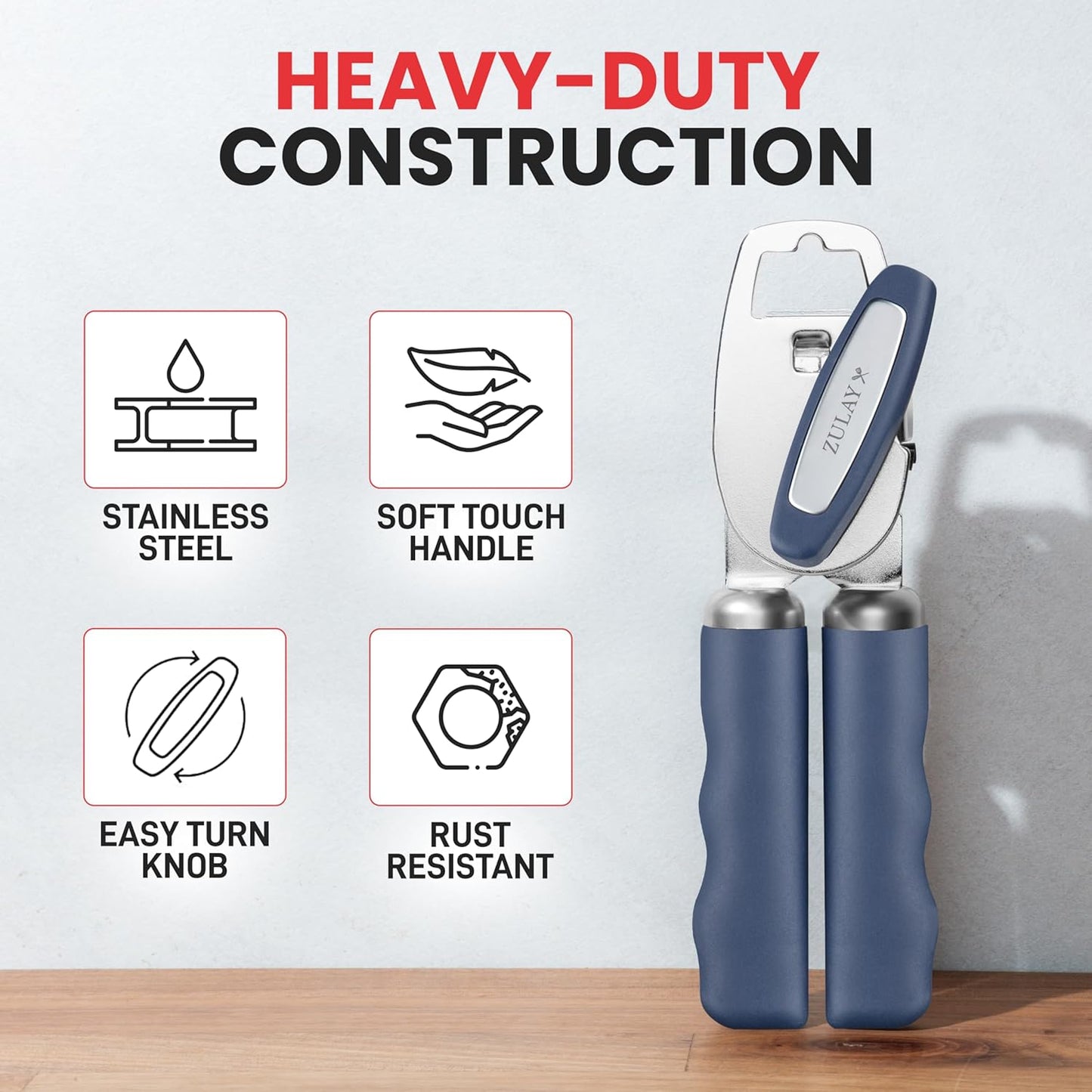 Zulay Kitchen Heavy Duty Stainless Steel Can Opener Manual with Bottle Opener - Rust Proof Manual Can Opener With Turn Knob & Comfy Soft Grip Handles - Blue