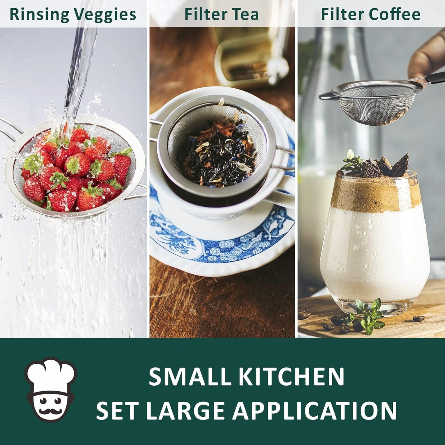 Yimi Fine Mesh Strainers Skimmers Set of 4, Stainless Steel Sieve Strainer Wire Sifter Colanders with Anti-Scald Handle,Kitchen Utensil Ideal for Strain Pasta Quinoa Rice, Ideal for Gift