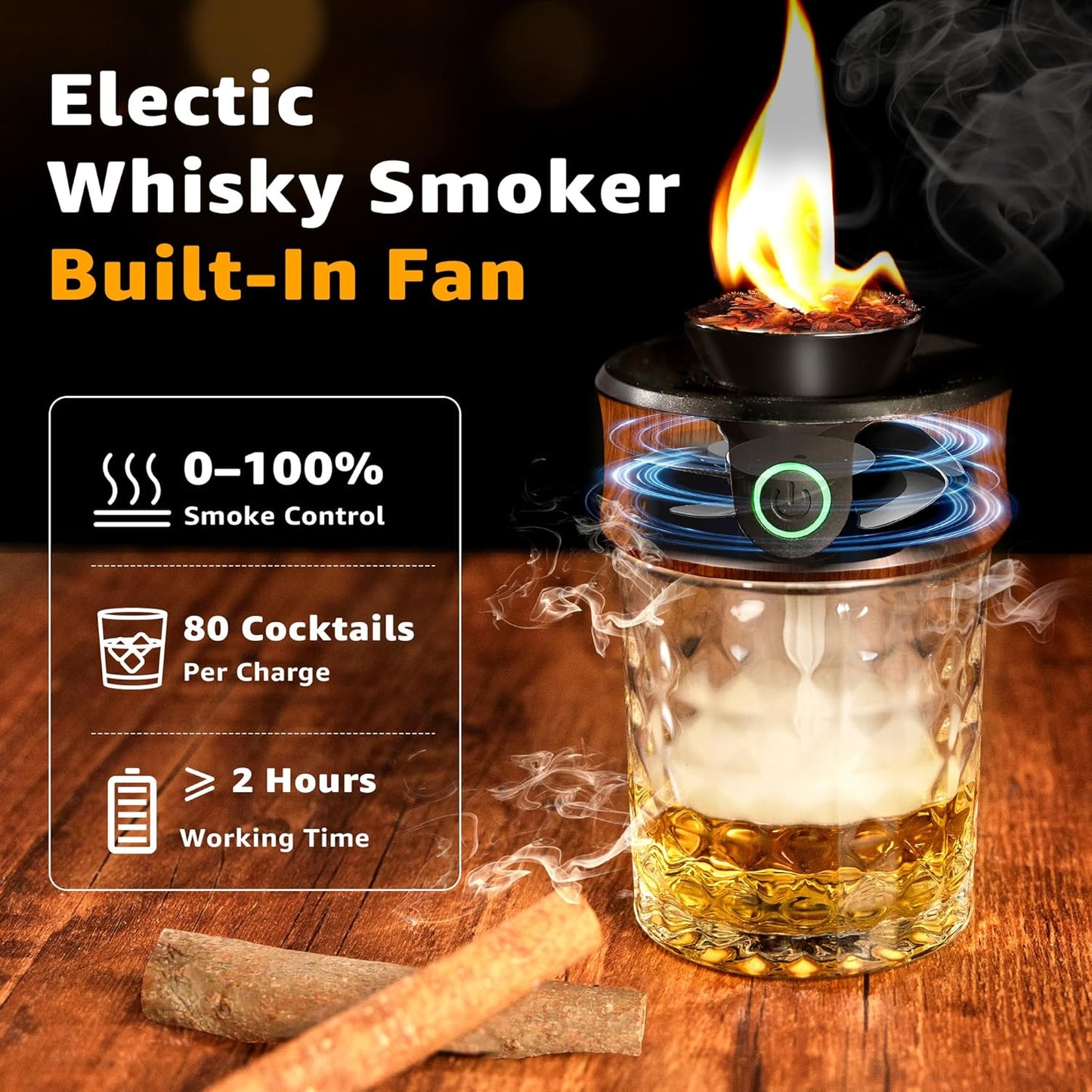 Electric Whiskey & Cocktail Smoker Kit with Torch – Built-in Fan, 6 Wood Chips, Old Fashioned & Whiskey Drink Smoker, Ideal Gift for Dad & Men (Butane Not Included)
