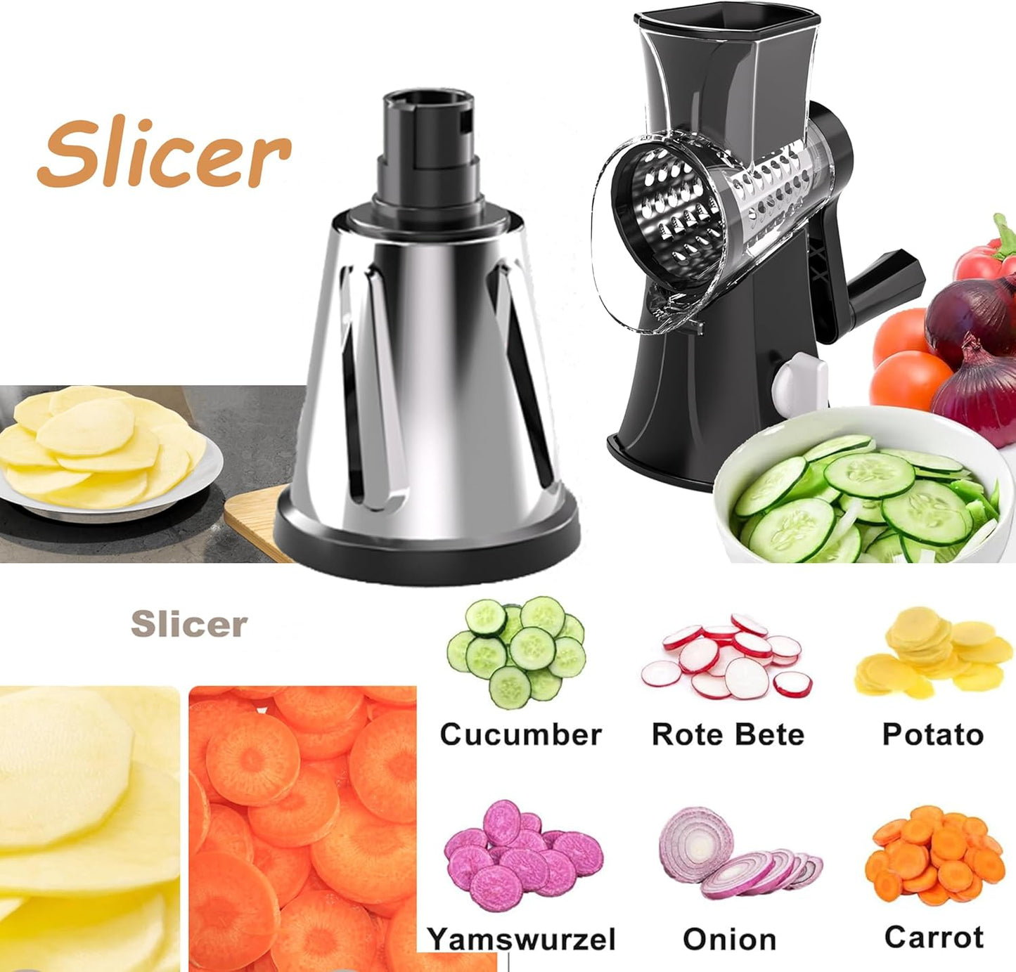 3-in-1 Rotary Cheese Grater Vegetable Slicer, 3 Interchangeable Blades Food Shredder with Anti-Slip Reinforced Suction Base, Kitchen Mandoline Chopper (Black)