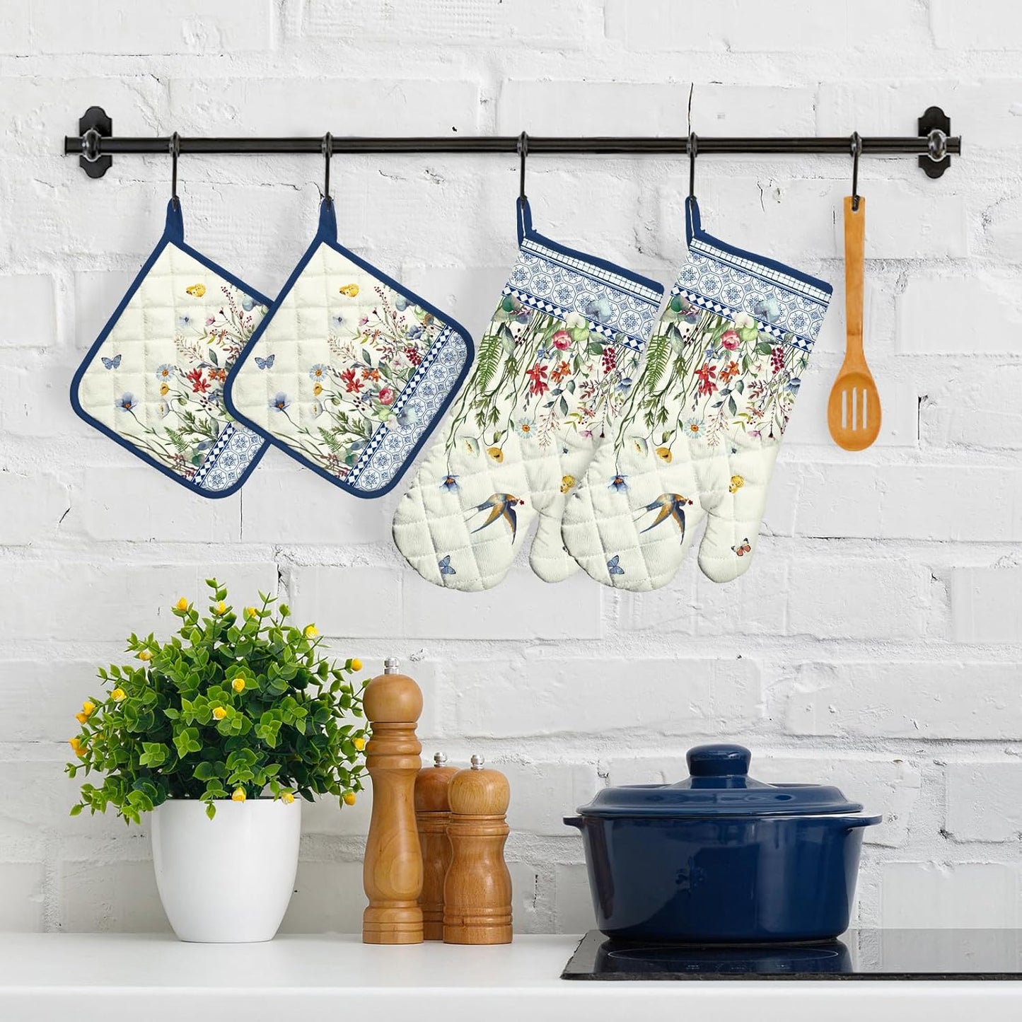 Retro Wildflowers Oven Mitts and Pot Holders Sets 4Pcs, 100% Cotton Heat Resistant, Extra Long Oven Gloves Potholder for Kitchen Cooking Baking Housewarming
