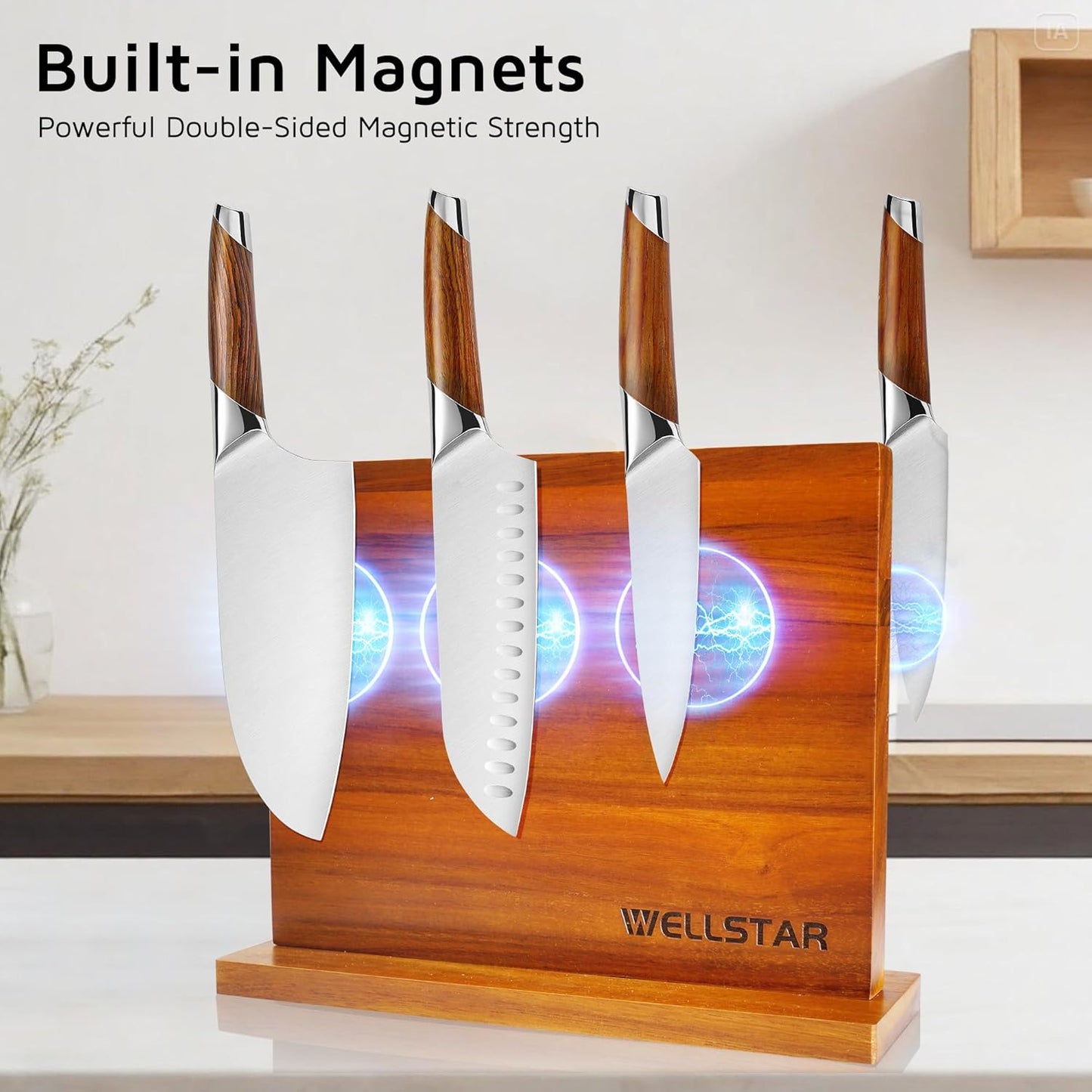 Modern Acacia Magnetic Knife Block Holder 12 x 10 Inches, Large Dual-Sided Strong Magnet Wood knives Stand, Luxurious Kitchen Counter Rack Organizer for a Stable and Stylish Cutlery Display