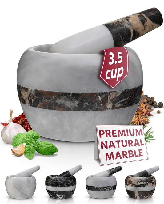 Gusto Nostro Natural Marble Mortar and Pestle Set | 6 Inch - 3.5 Cup Extra Large Mortar Pestle Set for Grinding Herbs, Nuts, Grains | Pesto Grinding and Guacamole Stone Bowl | Marble Spice Crusher