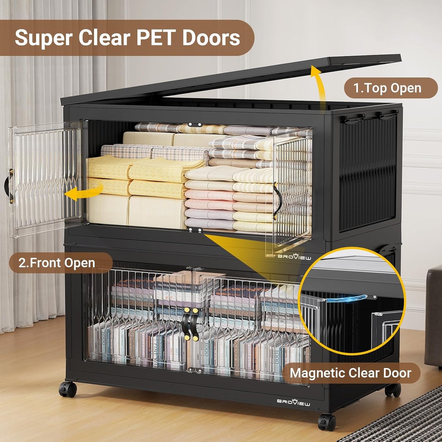 600Qt Extra Large Stackable Storage Bins with Lid, Closet Organizer Collapsible Drawer Boxes with Wheels, Folding Plastic Cabinet Containers for Home Kitchen Room Organization, 3Pack Black