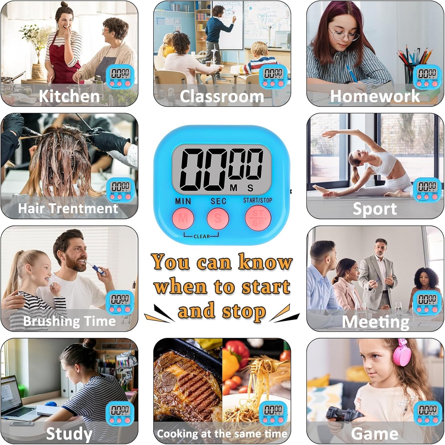 ZILLEEN 6 Pack Kitchen Timers for Cooking Digital Classroom Timers for Kids Teachers Blue Green Purple