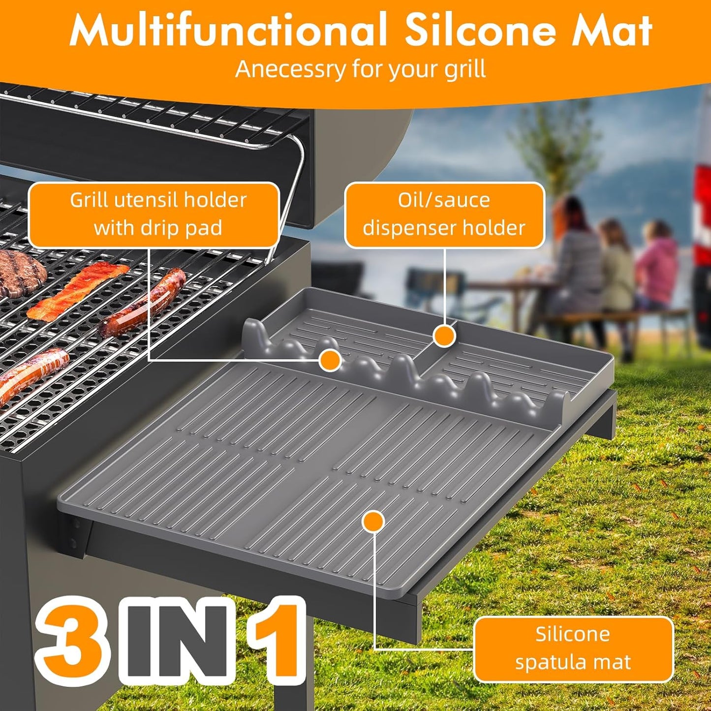Griddle Mat Compatible with Blackstone, Silicone Grill Tools with Drip Pad, Spatula Mat for Outdoor Grill, Side Shelf Pad (Grey)