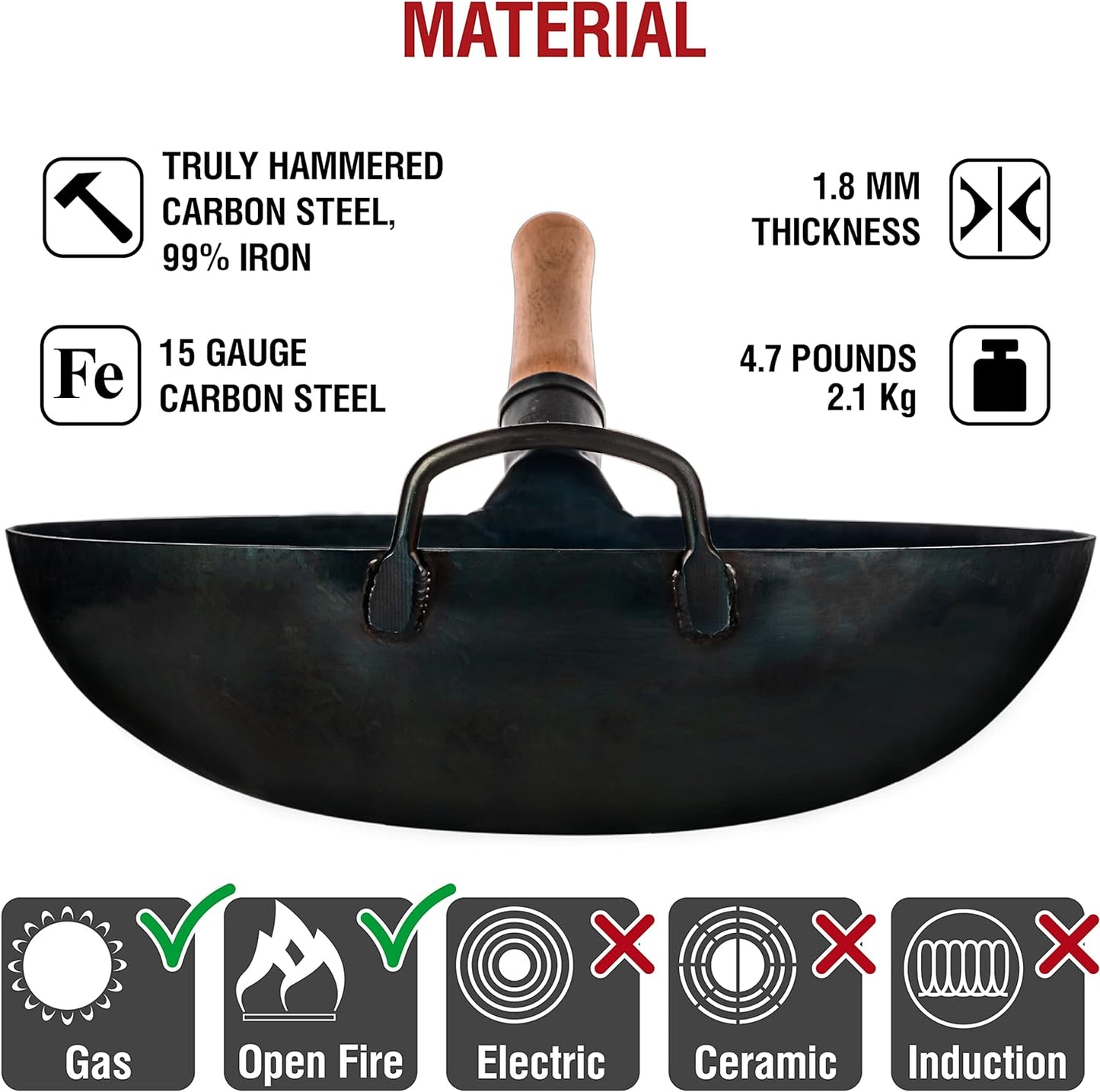 YOSUKATA 14” Round Bottom Carbon Steel Wok Pan – Blue Pre-Seasoned Pow Wok for Stir Fry, BBQ, Grill & Camping – Traditional Japanese & Chinese Cookware – Compatible with Gas Stoves & Open Fire Only