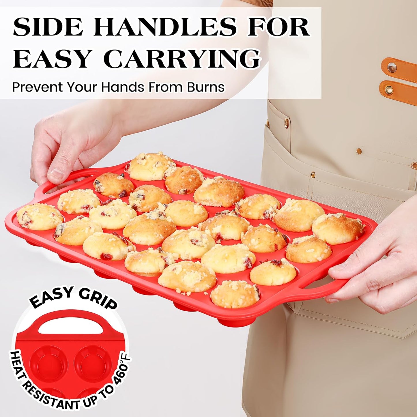 Silicone Mini Muffin Pan With Stainless Steel Reinforced Frame 24 Cups Nonstick Cupcake Molds for Baking Silicone Muffin Tray with Handles(2 Pcs, Red)