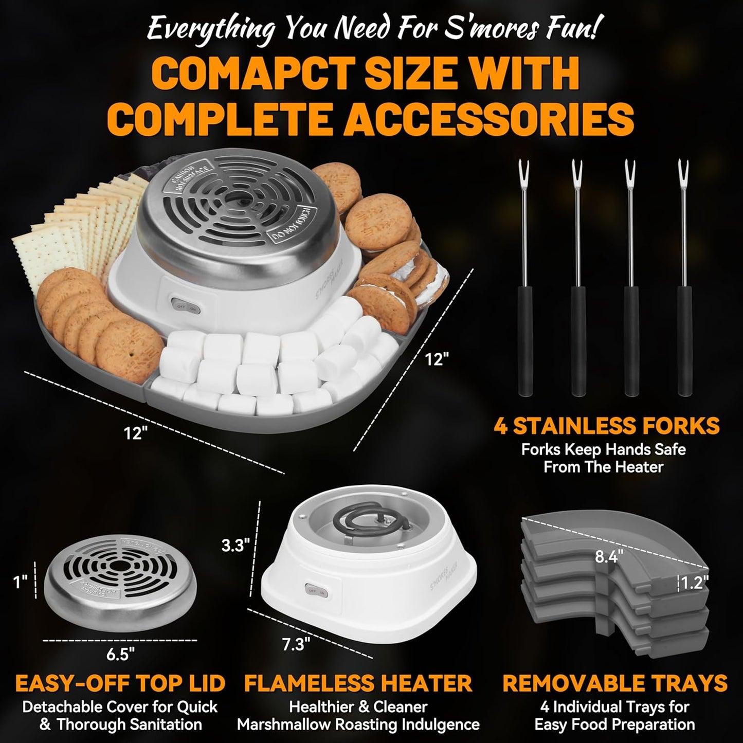 Smores Maker Tabletop Indoor Kit, Indoor Marshmallow Roaster, Flameless Electric S'mores Maker, Smores Maker with 4 Detachable Tray & Roasting Sticks, Gift for family & Date Night, Grey