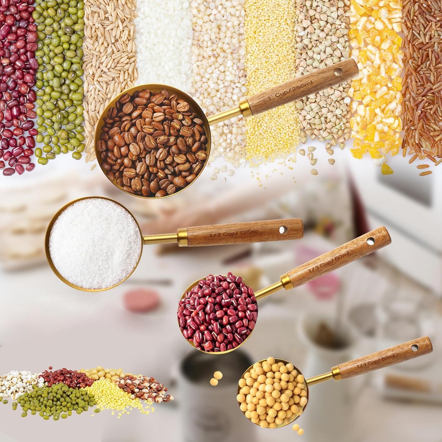 4 Piece gold measuring cups set，Golden Stainless Steel Measuring Cup and spoons set with Wooden Handle for Food/Liquid/Baking in the Kitchen