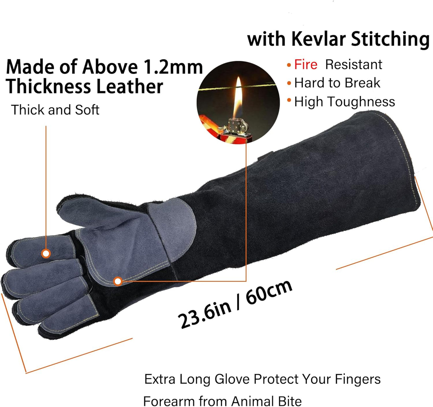 23.6 In Leather Welding Gloves for Animal Handling,Grabbing Reptile, Grooming,Trips to Vet,BBQ,Fireplace.Puncture & Scratch Resistant, Bite Proof for Cat Dog Bird Falcon Livestock Snake L Black