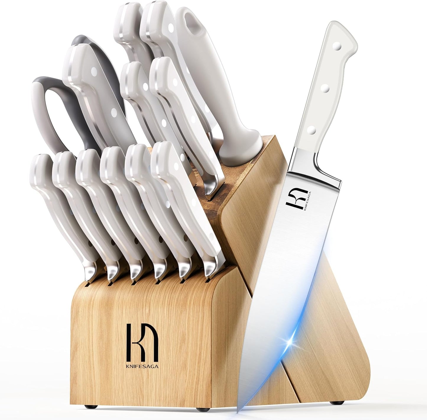 Knife Set, 15 Pcs Kitchen Knife Block Set, Enduring Razor-Sharp Japanese High Carbon Stainless Steel Chef Knife Set with Block and Sharpener, Premium Knives Set for Kitchen, White Natural Wood