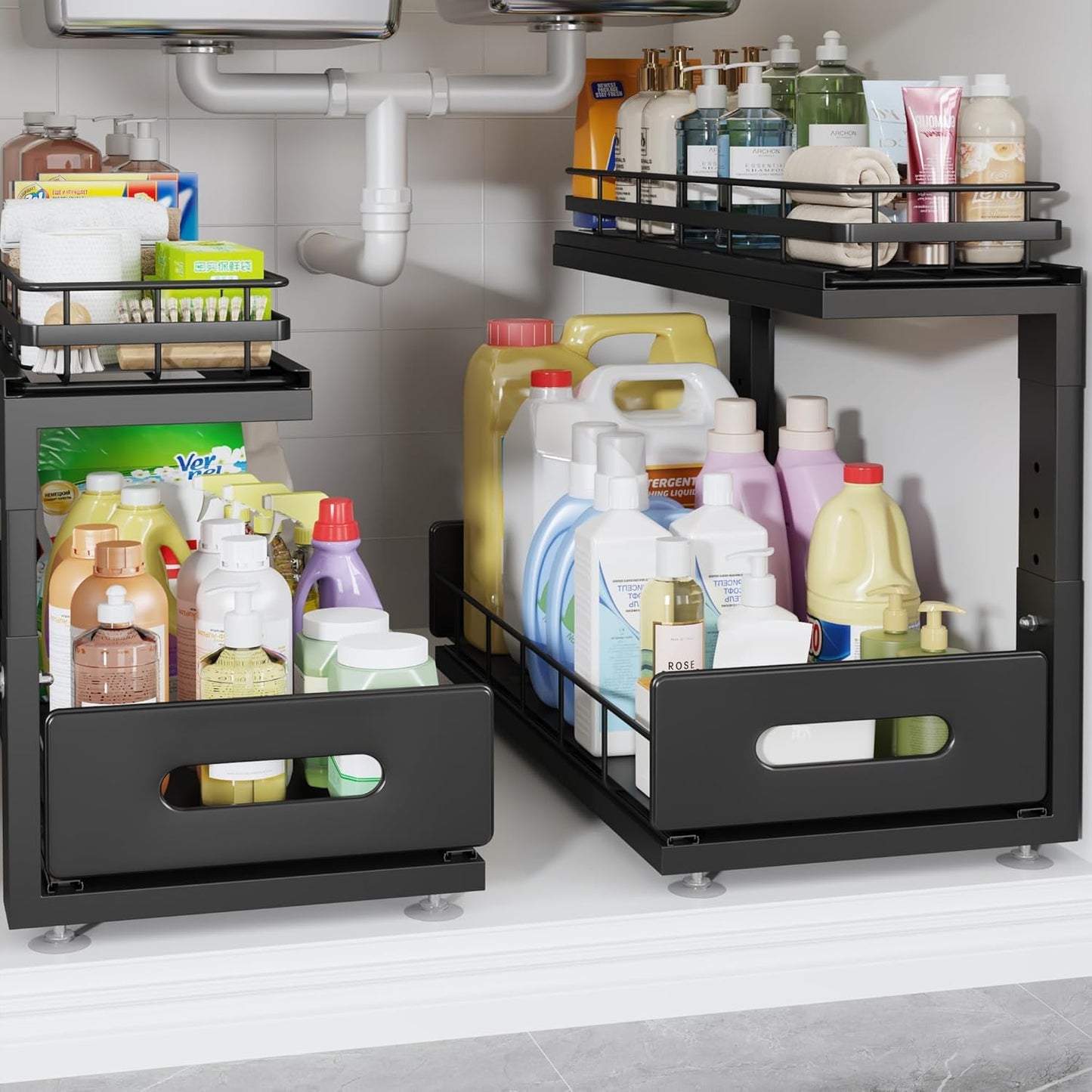 2 Pack 18 IN Depth Under Sink Organizer with Smooth Ball Bearing Slides,2-Tier Pull Out Cabinet Storage,Slide Out Drawers for Bathroom&Kitchen,Rust-resistant Coating,Height Adjustable-Black