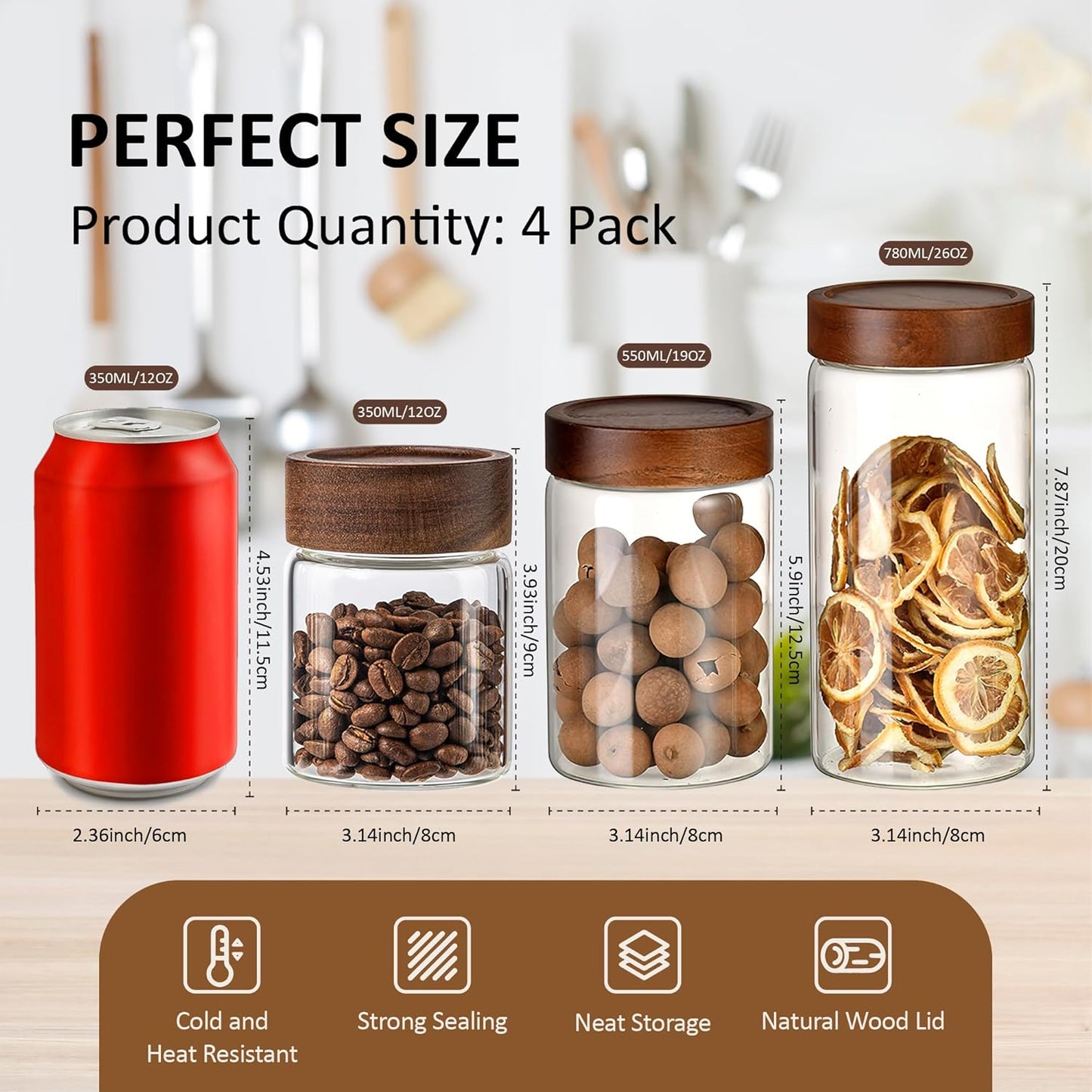 18 oz/550 ml Clear Glass Storage Canister with Airtight Wooden Lid, 4 Pack Small Overnight Oats Containers, Cute Decorative Salad Jar for Snacks Yogurt Spice Sugar Cereal Fruit Coffee Tea