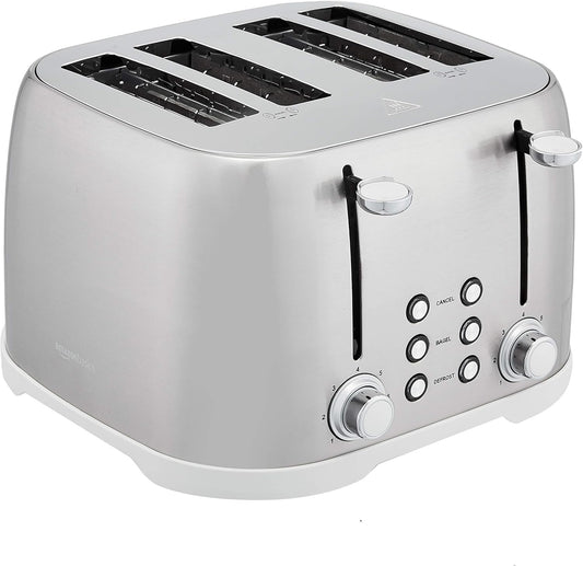Amazon Basics 4 Slice Toaster with 6 Browning Settings, Removable Easy-to-Clean Crumb Tray, Cancel Button, 1600W, Brushed Silver