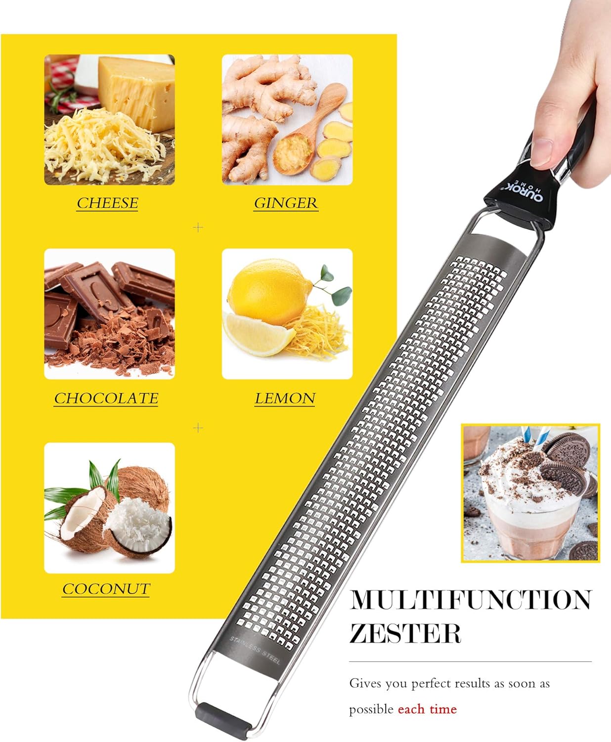 Ourokhome Kitchen Lemon Zester, Stainless Steel Hand Held Parmesan Cheese Grater for Ginger, Chocolate, Coconut, Lime, Nutmeg, Citrus, Fruit, Vegetable with Cleaning Brush, Dishwasher safe, Black