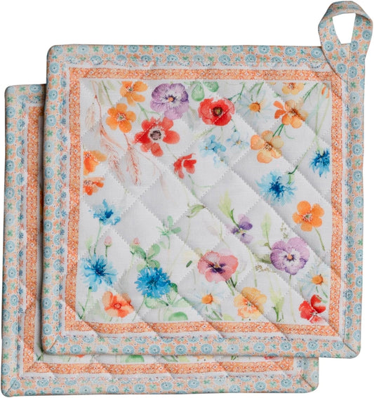 Maison d' Hermine Pot Holders Set 100% Cotton Heat Resistant Potholders 8" x 8" Hot Pads with Loop BBQ, Cooking, Baking, Grilling, Kitchen, Handling Hot Pans Spring/Summer (Pack of 2, Summer Whisper)