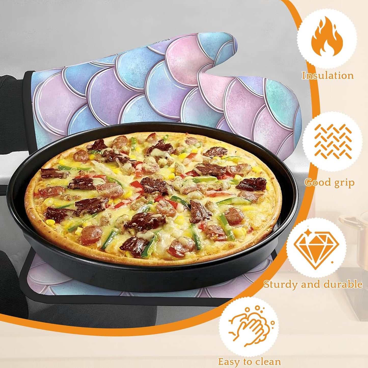 Pink Fish Scales Oven Mitts and Pot Holders Set,Mermaids Kitchen Decor Heat Resistant Non Slip Hot Pads and Oven Mitt for Chef Cooking Baking BBQ Mom Girl Gifts(4 Piece Set)