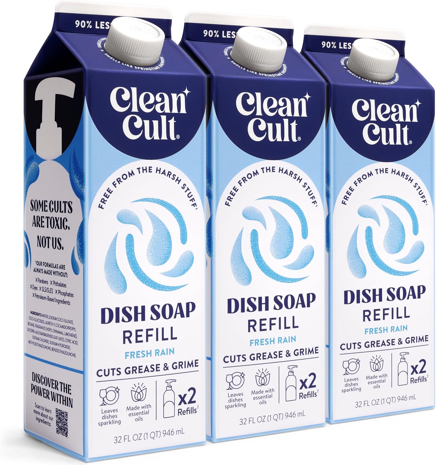 Cleancult Dish Soap Liquid Refill (32oz, 3 Pack) - Plant Based Cleaning Power - Dish Soap that Cuts Grease & Grime - Free of Harsh Chemicals - Uses 90% Less Plastic - Fresh Rain