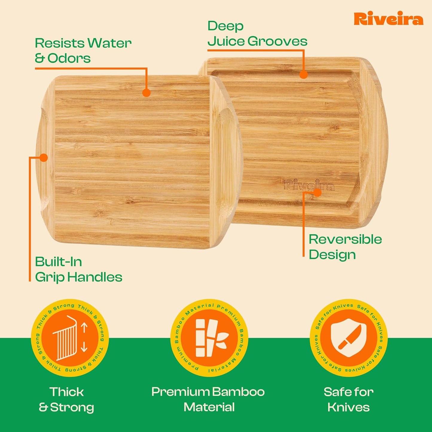 Riveira Two Tone Bamboo Wood Cutting Board – Gourmet Bamboo Grandeur: 8 x 8 Wooden Cutting Board – Wooden Cutting Boards For Kitchen Decorative – Innovative Juice Grooves Wooden Chopping Board
