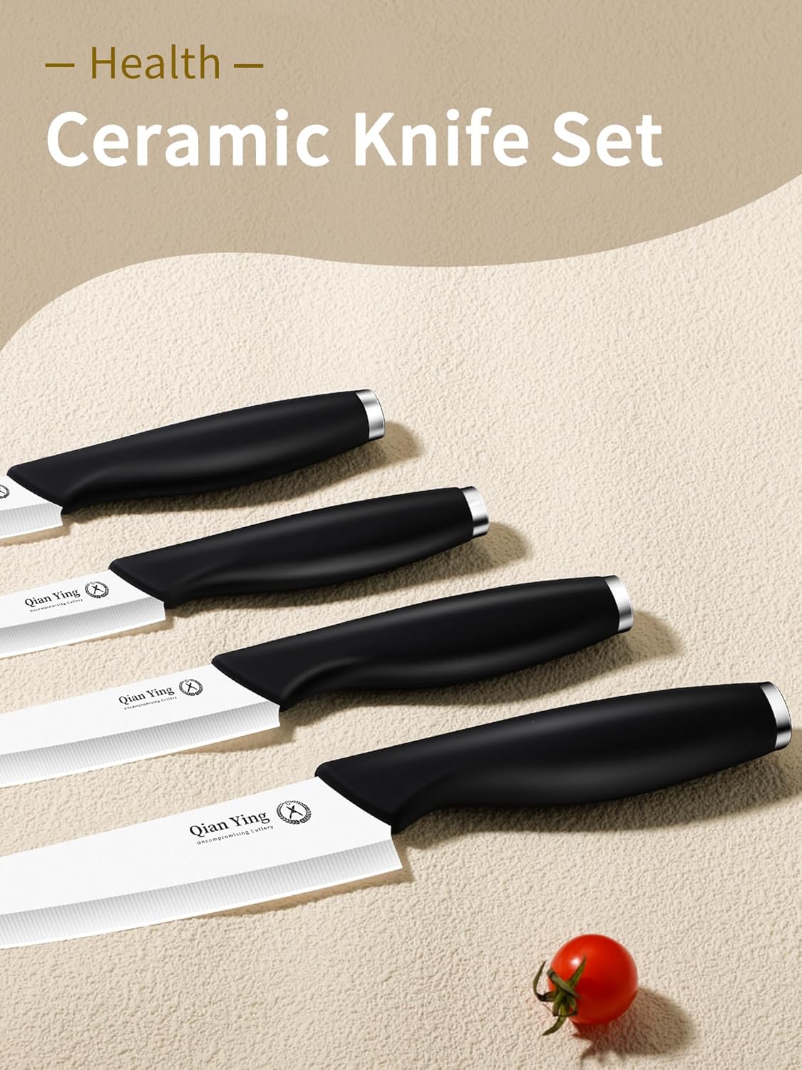 Ceramic Knife Set for Kitchen with Sheath: 100% Zirconia Pure Ceramic Sharp Blade Fruit Cutting Knives 9Pcs with Cover Rustproof Clean Cut Edge Black Handle, No Scratches on Titanium Cutting Boards
