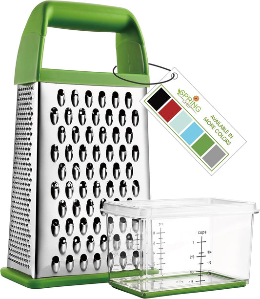 Spring Chef Professional Green 10" Parmesan Cheese Grater With Container, Stainless Steel Food Grater for Kitchen with Handle, 4 Sided Carrot Shredder, Handheld Vegetable & Cabbage Shredder