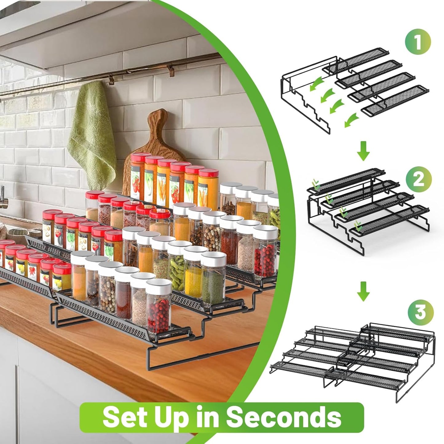 4 Tier Spice Rack Organizer for Inside Cabinet Expandable Display Riser Shelf Seasoning Organizer for Countertop Cupboard Pantry Adjustable Step Storage Holder with Protection Railing (Black, 2PC)