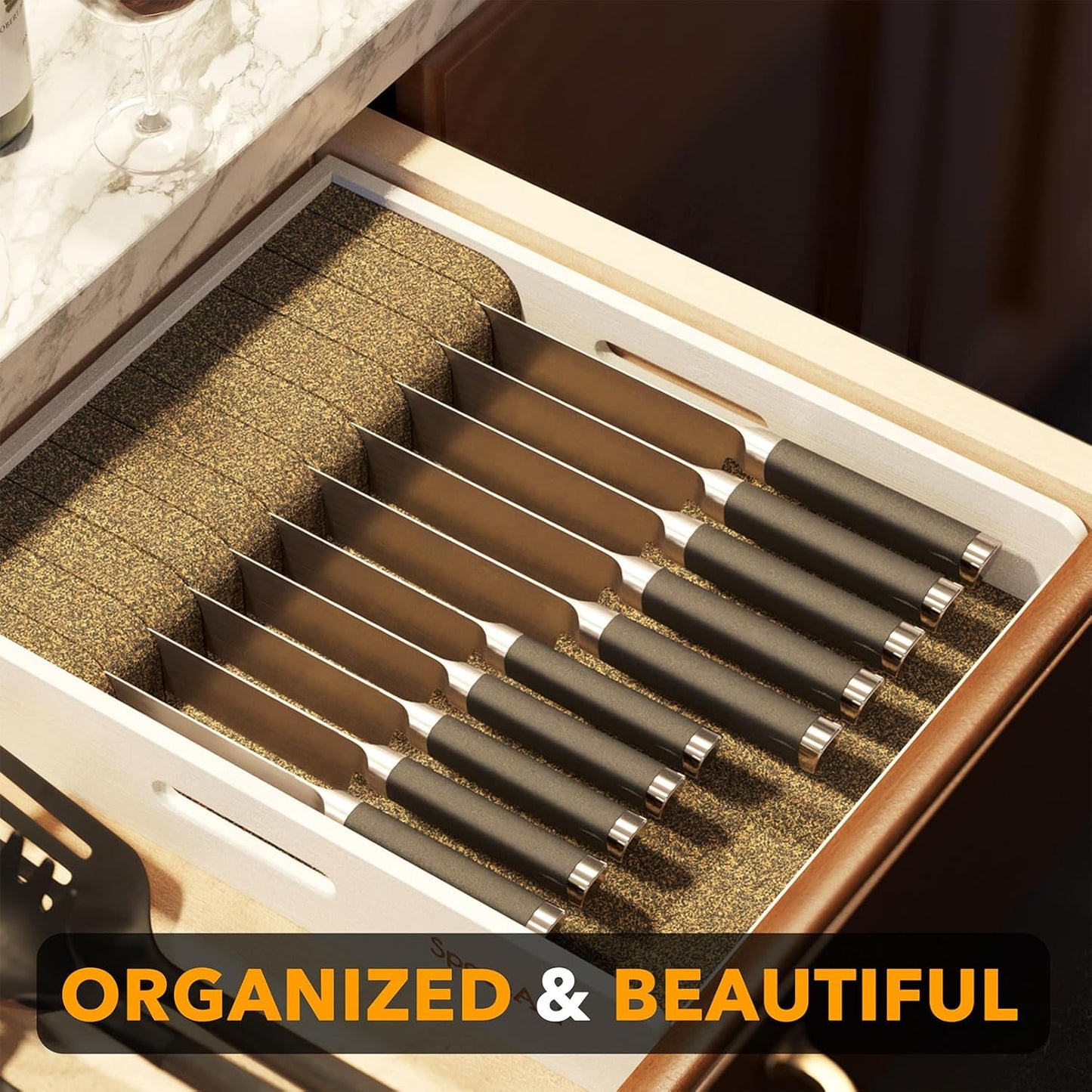 SpaceAid Large Knife Drawer Organizer Bamboo Insert Dock, Kitchen Steak Knives Holder Organizers Block for Drawer in Storage Organization (Large, White)