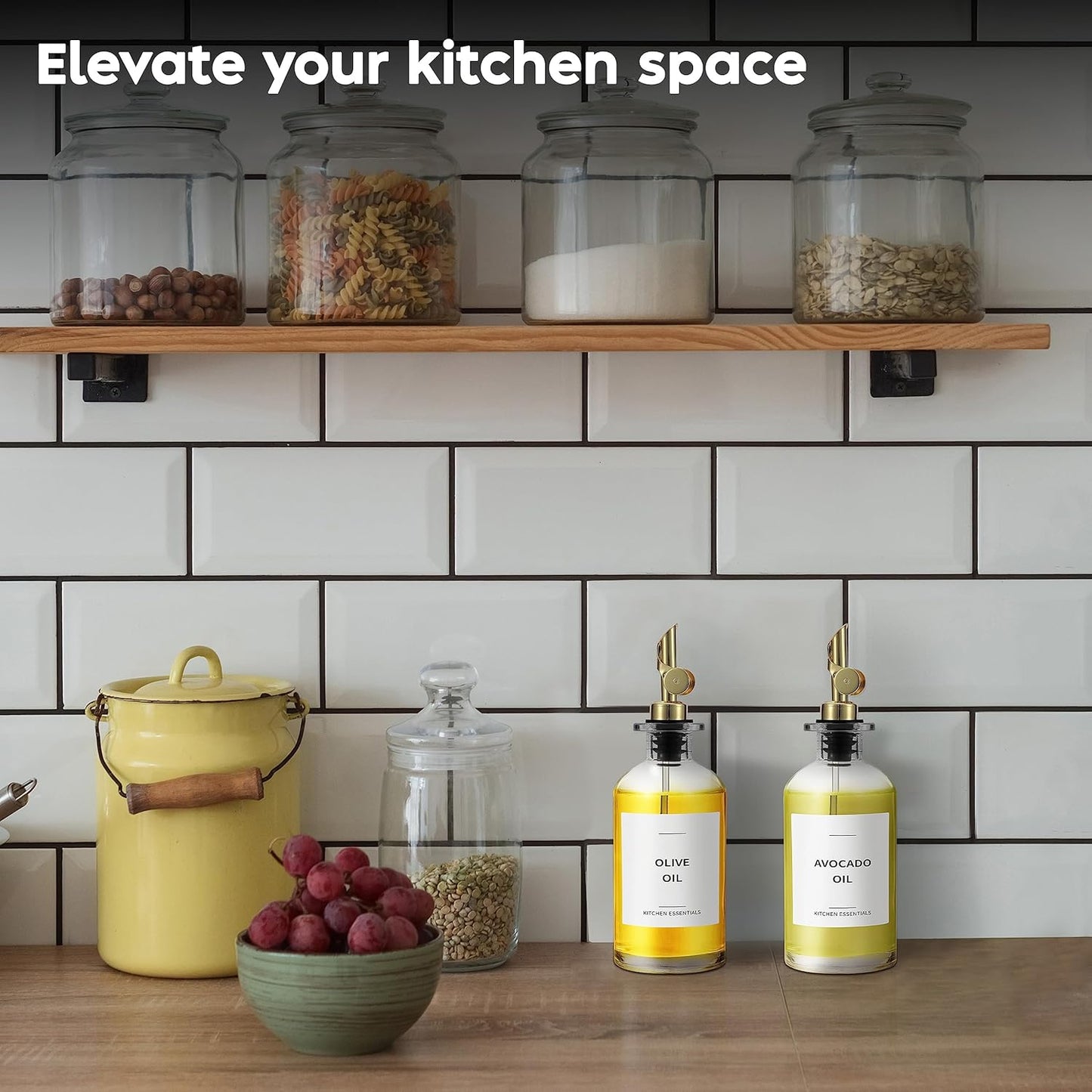 Olive Oil Dispenser Bottle - Includes 55 Kitchen Essential Labels - Cooking Oil Bottles for Kitchen, Coffee Syrup Dispenser - Pourer Spout with 11.8 fl oz Glass Container Cruet - 2pcs, Gold