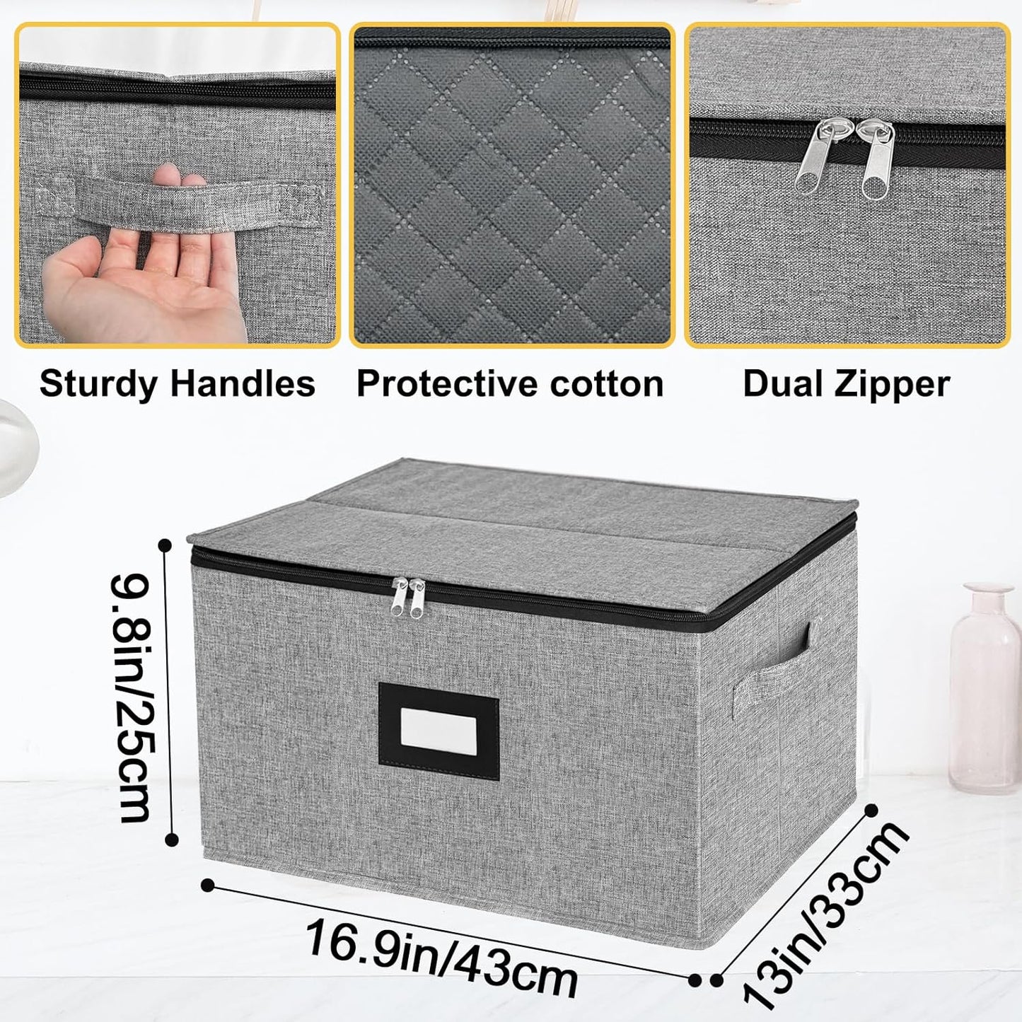 homyfort Wine Glass Storage Box, China Storage Containers with Dividers, Stemware Storage Case Holds 12 Wine Glass or long stem Crystal Glassware with Handles, Hard Shell and Stackable (Grey)