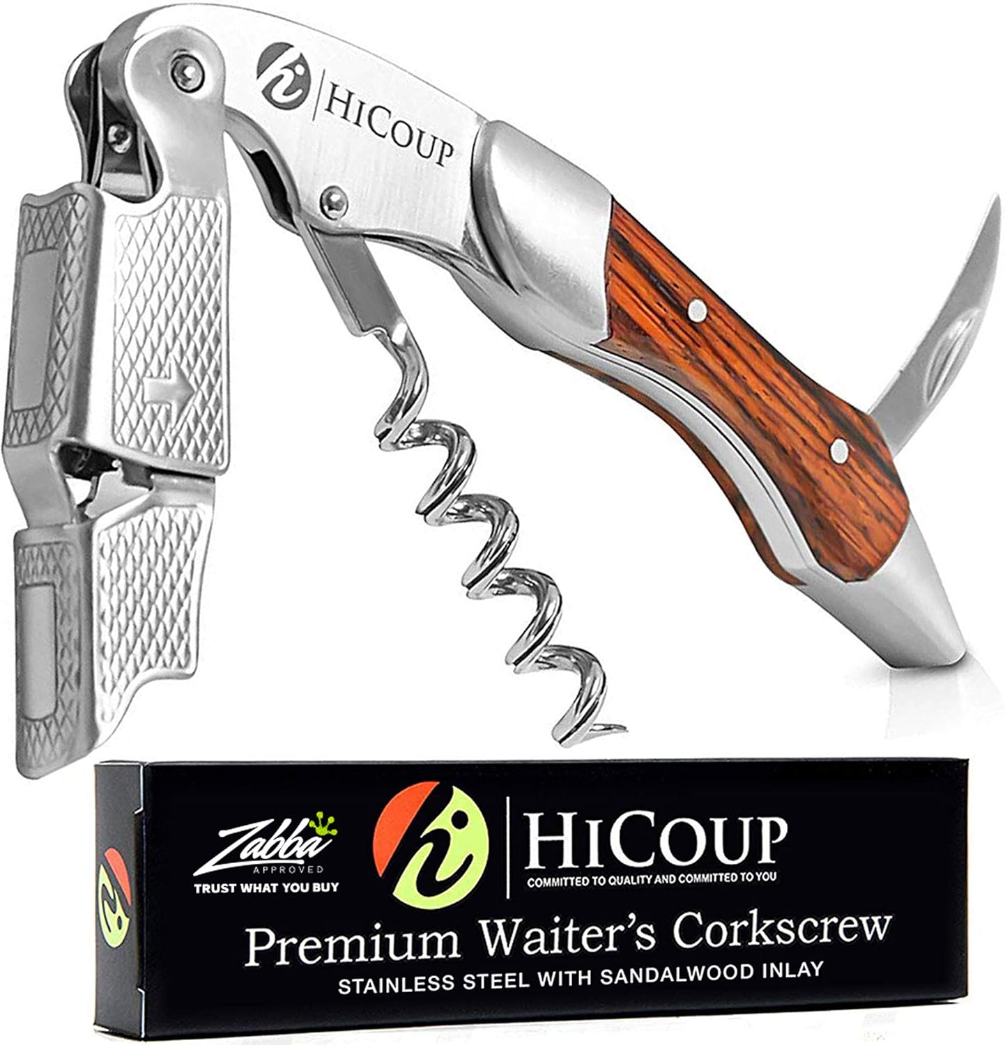 Hicoup Wine Opener - Professional Corkscrews for Wine Bottles w/Foil Cutter and Cap Remover - Manual Wine Key for Servers, Waiters, Bartenders and Home Use - Stainless Steel With Sandalwood